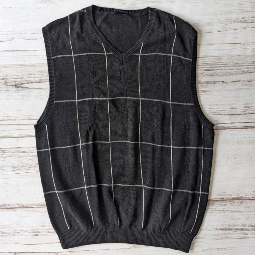 Haggar Black and White Windowpane Plaid Sweater Vest sz XL